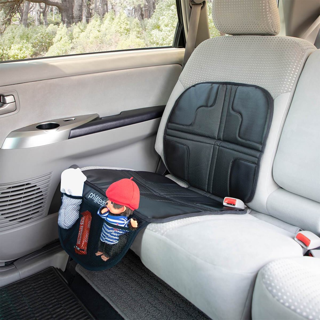 phil&teds vehicle seat mate shown in car with items in the three storage pockets to highhlight ease of access