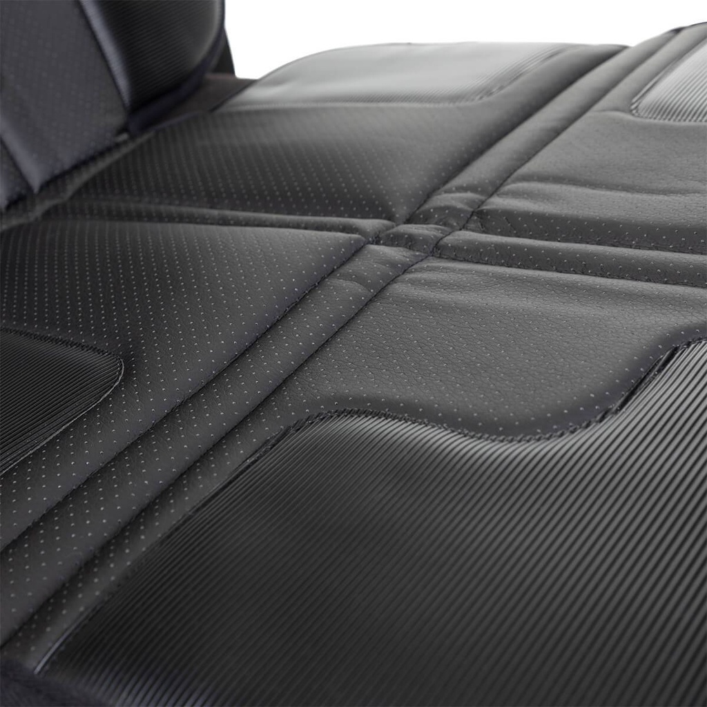 phil&teds vehicle seat mate fabric close-up to highilght wipe clean PU leather and quilted padding for extra protection