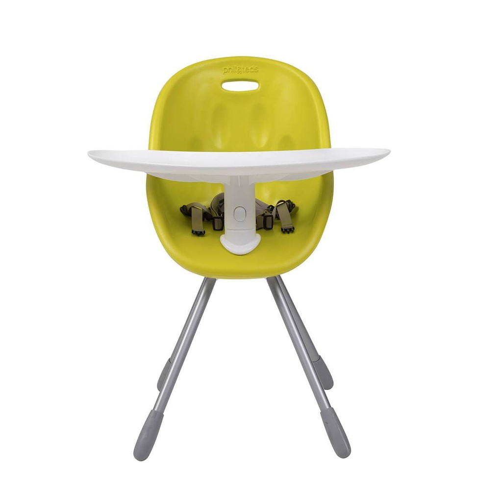 phil&teds award winning poppy my chair in lime with food tray and harness front view 