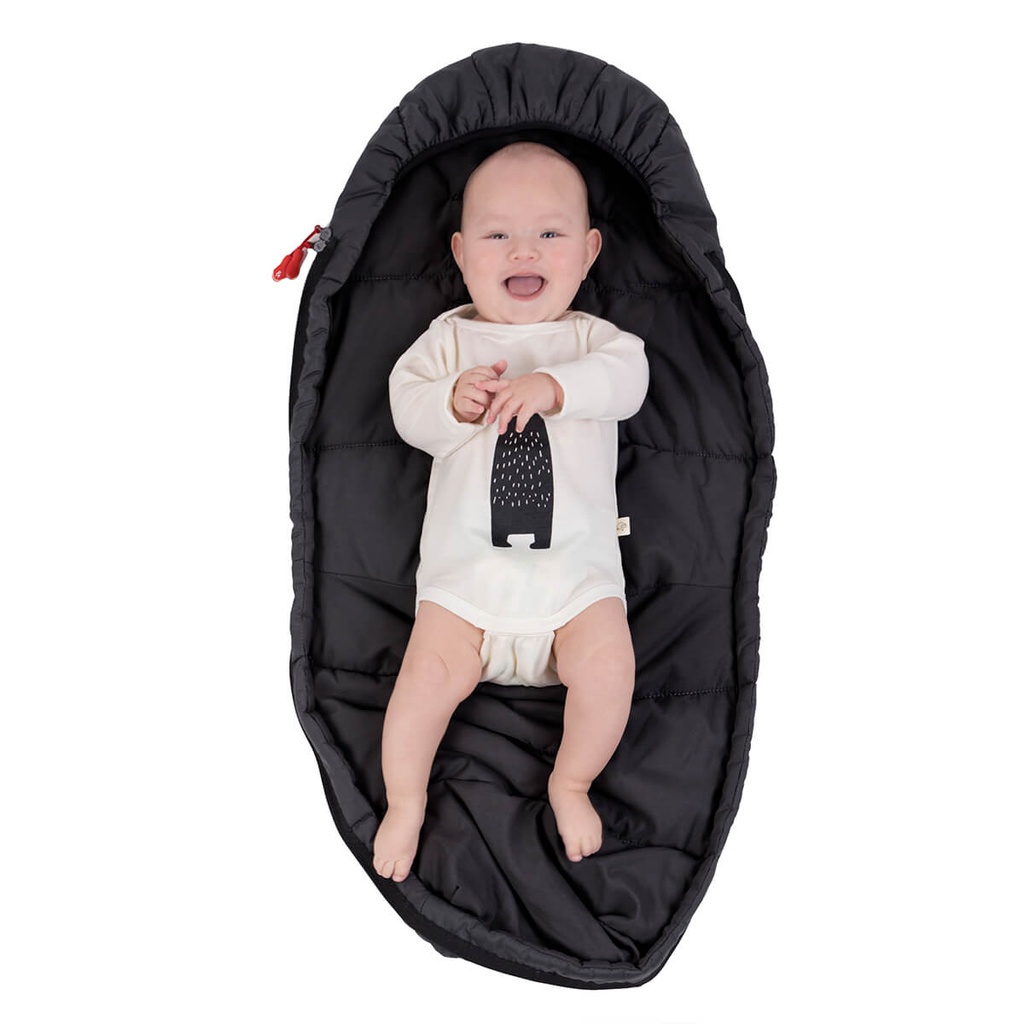phil&teds snuggle & snooze sleeping bag in black with top cover off and happy baby top view