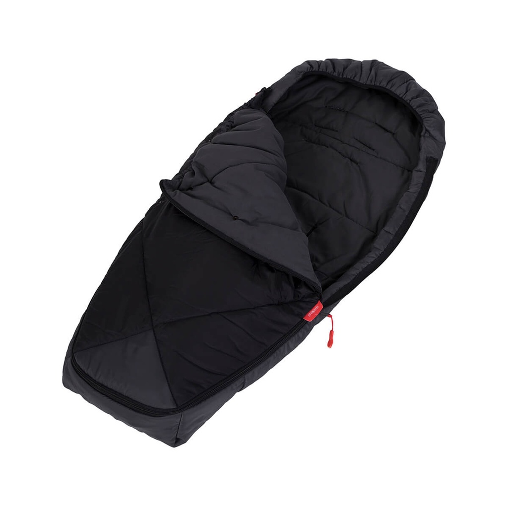 phil&teds snuggle & snooze sleeping bag with top open in black 3/4 view
