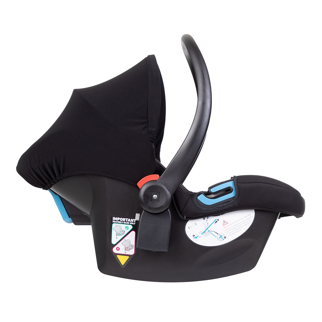 alpha infant car seat shown side on with carry handle in upright position for carrying