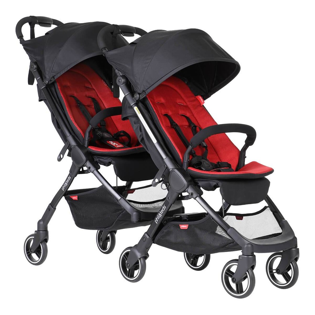 go buggy and atatched go double kit shown from front angle connected as a super slim inline stroller for around town and compact spaces